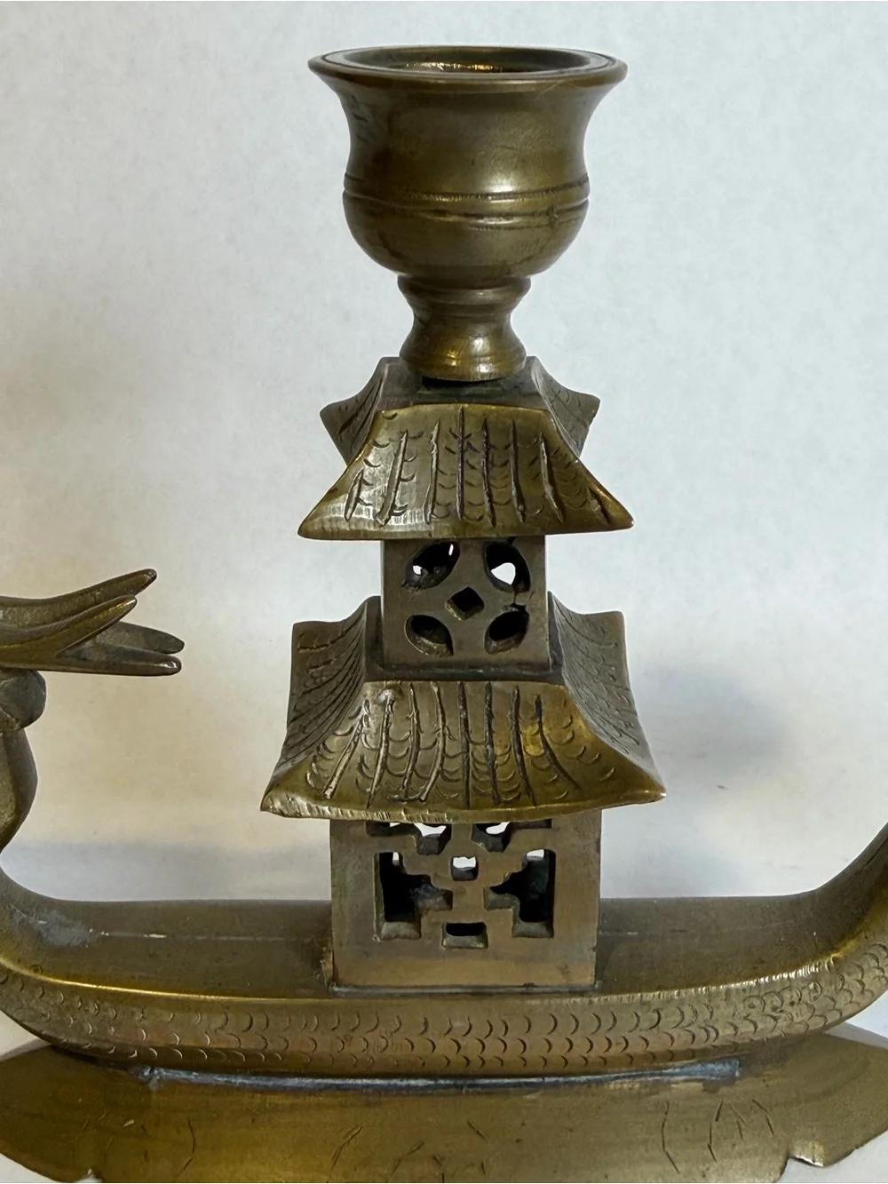 Vintage Brass Dragon Boat Pagoda Candle Holder Asian Dragon Candlestick Decor